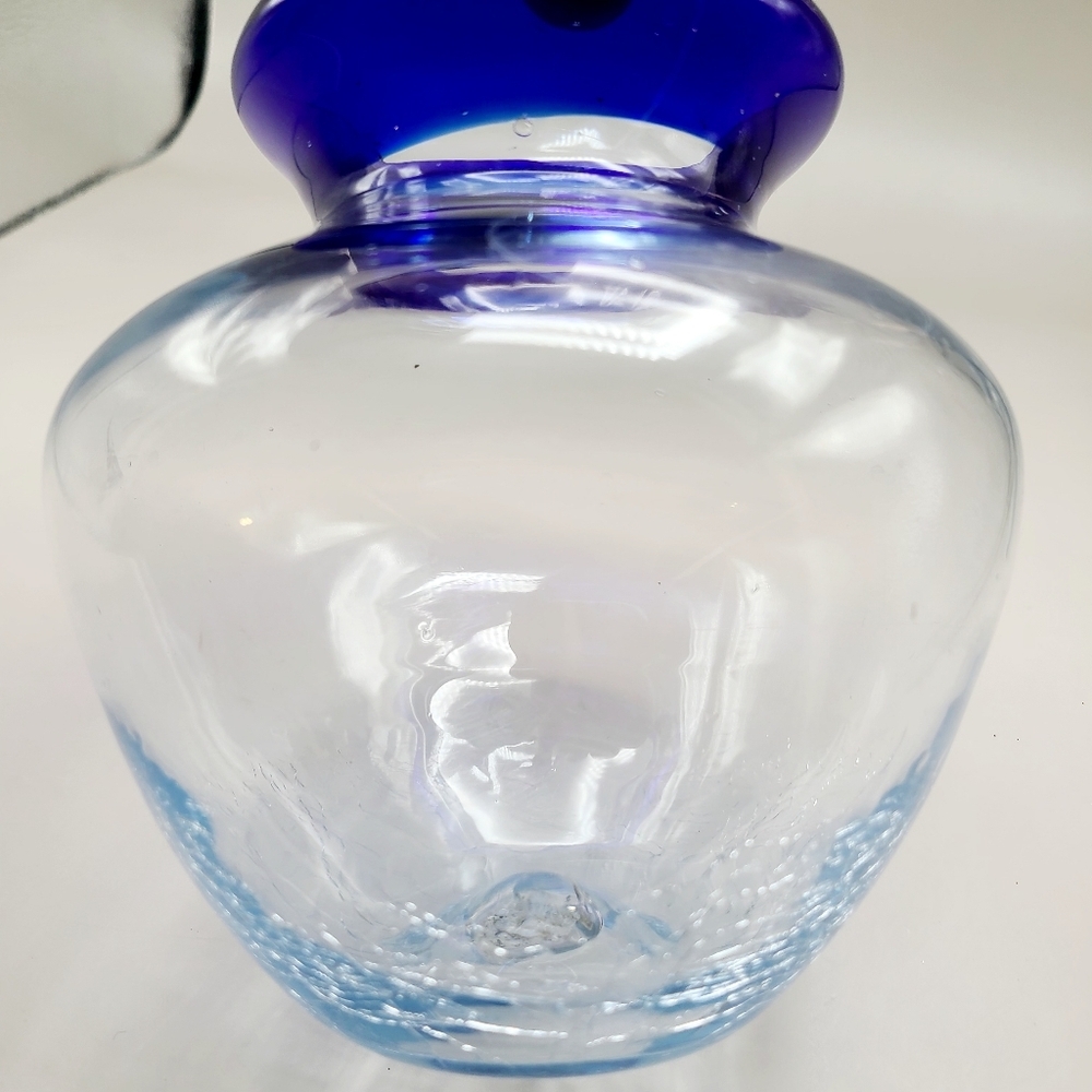 Clear Glass Vase with Cobalt Blue Rim & Handblown Crackled Bottom - Picture 4 of 6